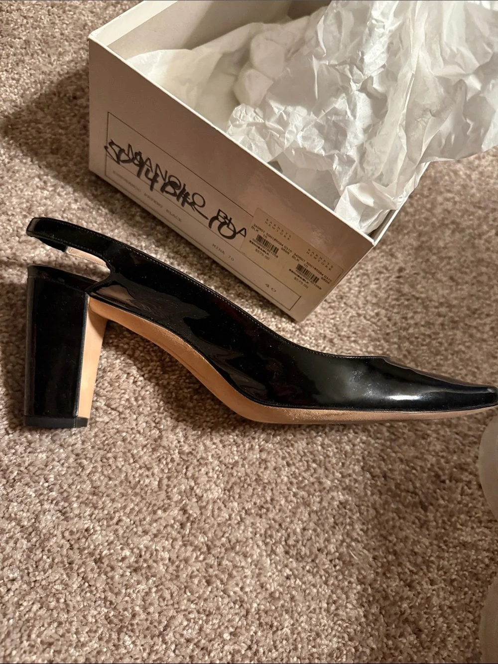 Manolo Blahnik Black Patent Slingback Block Heels